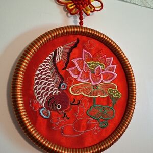 Red Embroidered Wall Hanging with Fish and Lotus